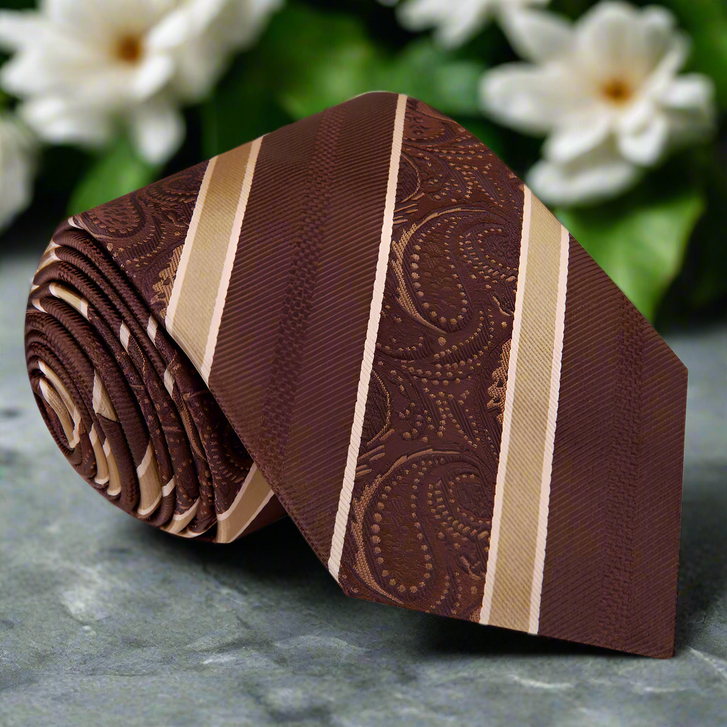 Close-up of the brown and gold silk tie showcasing paisley and stripe patterns