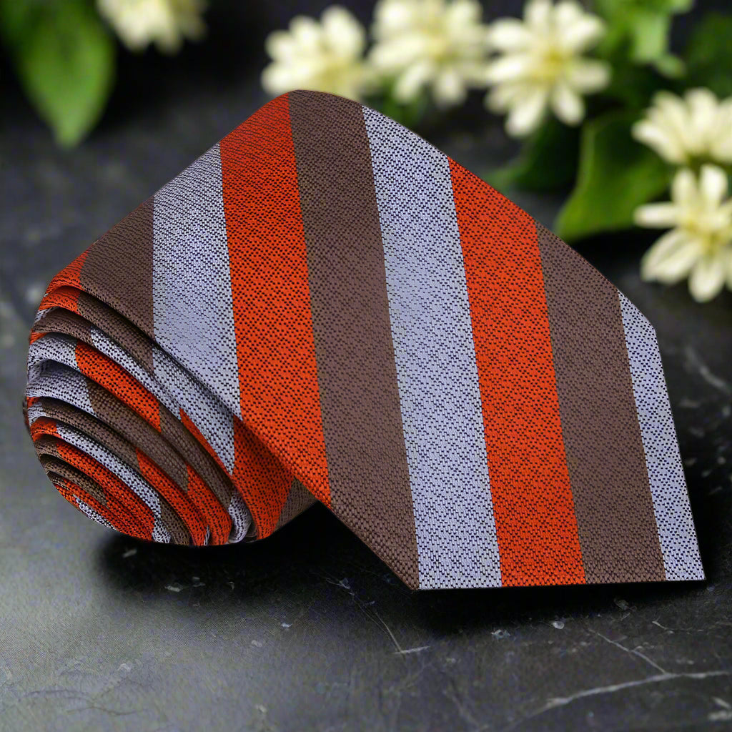 Elegant silk stripe necktie in brown, red, and grey for formal events