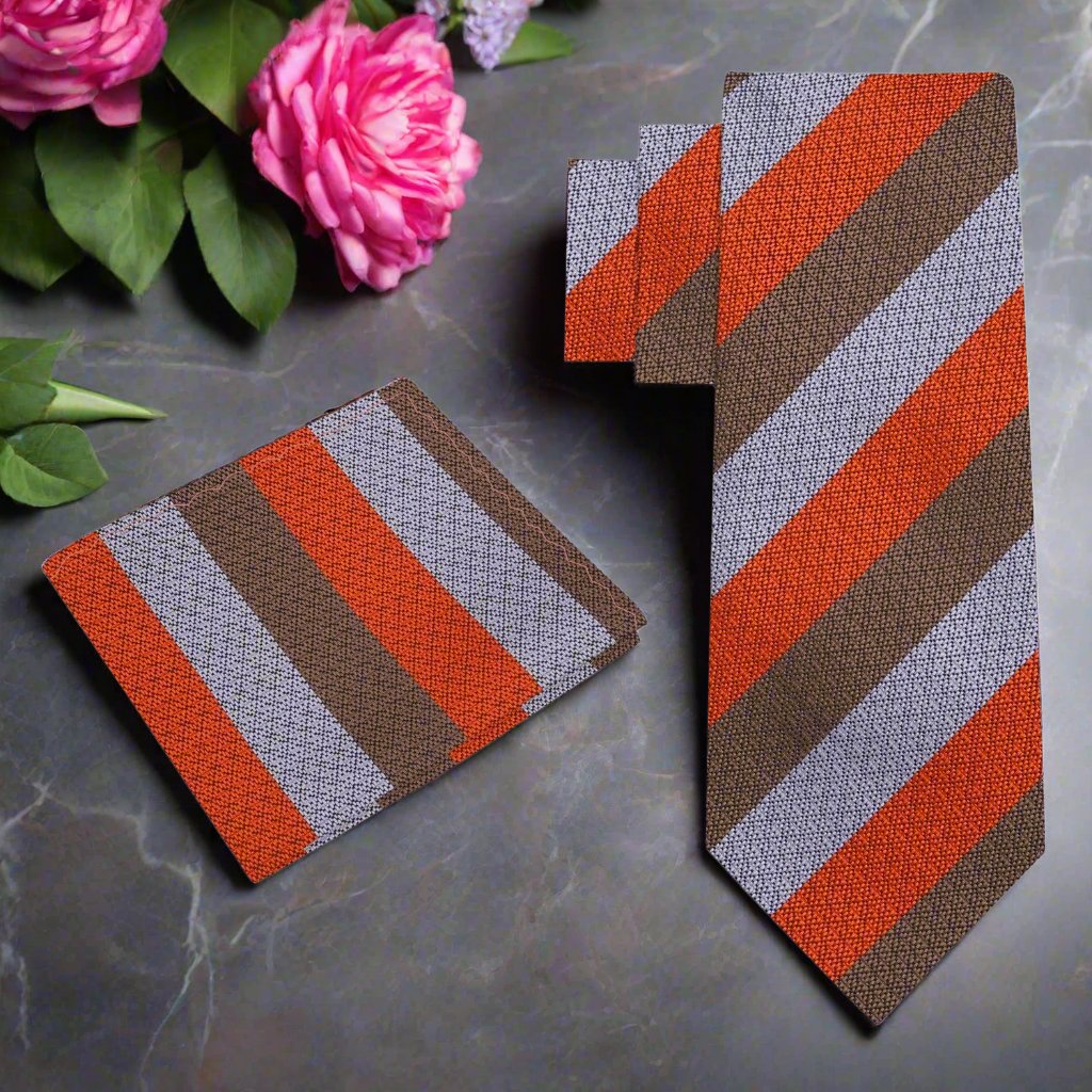 Elegant silk stripe necktie in brown, red, and grey for formal events