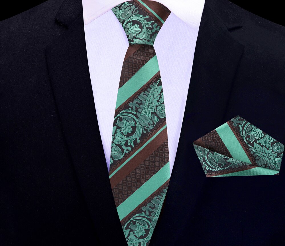 Brown and mint green silk tie with paisley and stripe design, ideal for weddings and formal events.