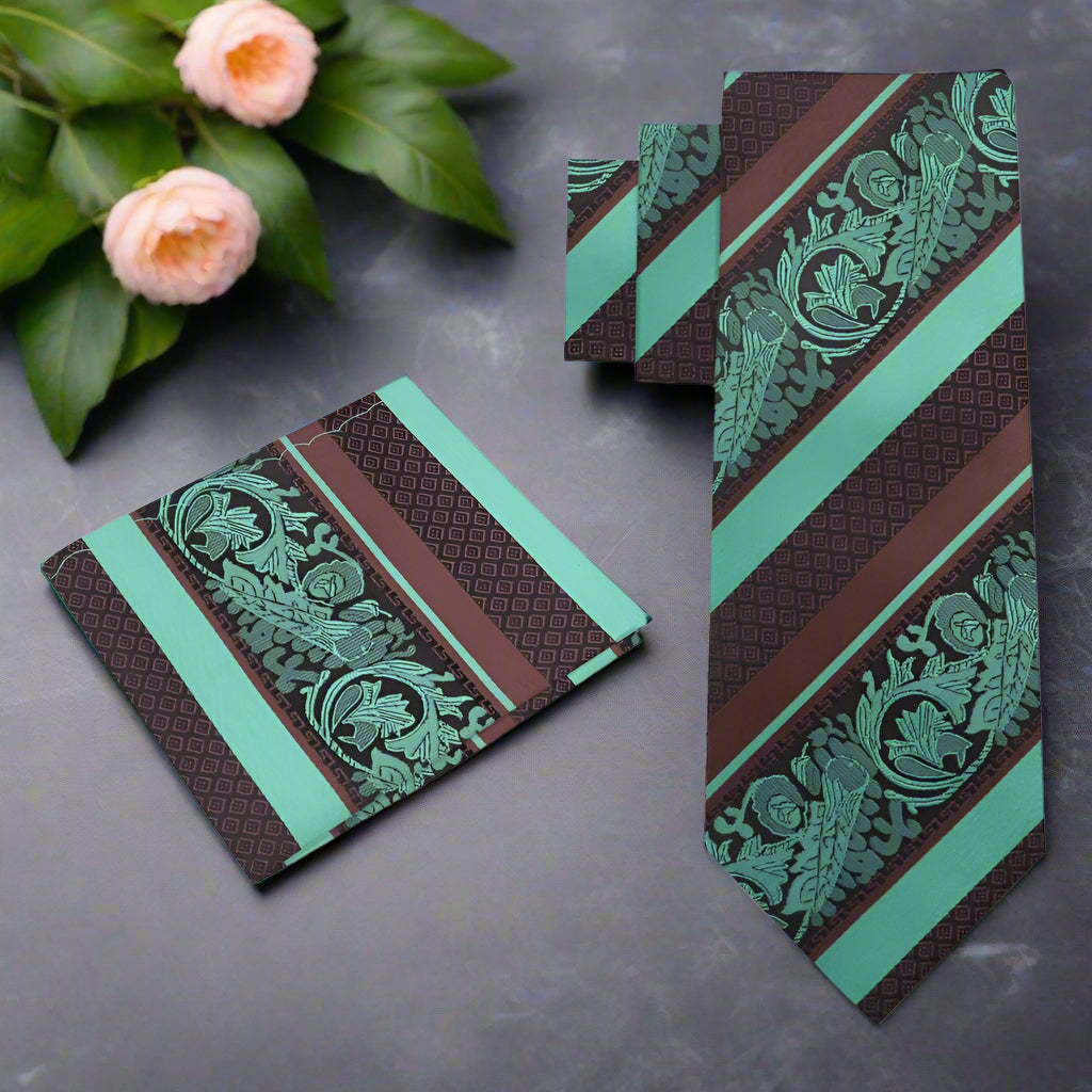 Brown and mint green silk tie with paisley and stripe design, ideal for weddings and formal events.