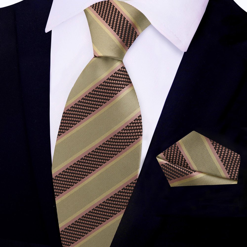 Close-up of classic striped silk necktie in blue and gold shades for business attire