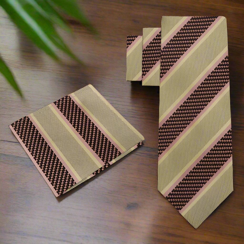 Elegant silk necktie and handkerchief set displayed on a wooden surface for networking events