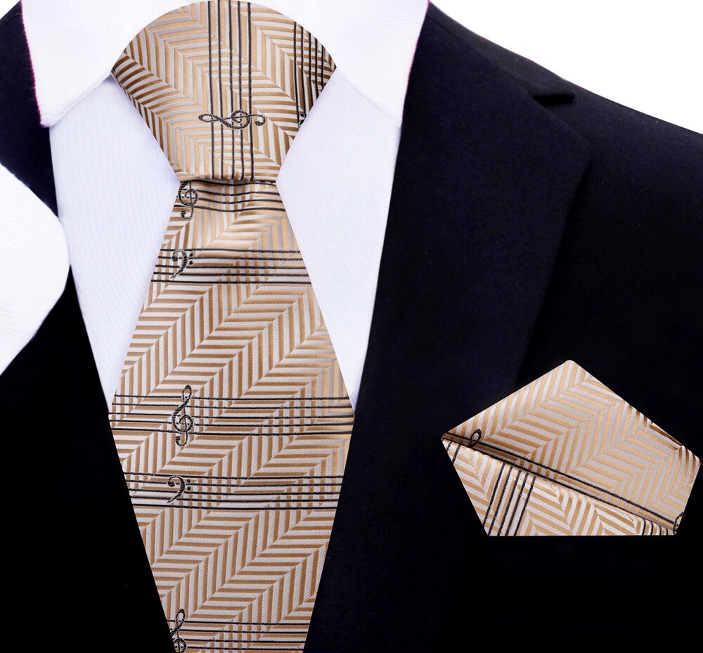 Close-up of Melodic Harmony Music Necktie showcasing intricate sheet music pattern.