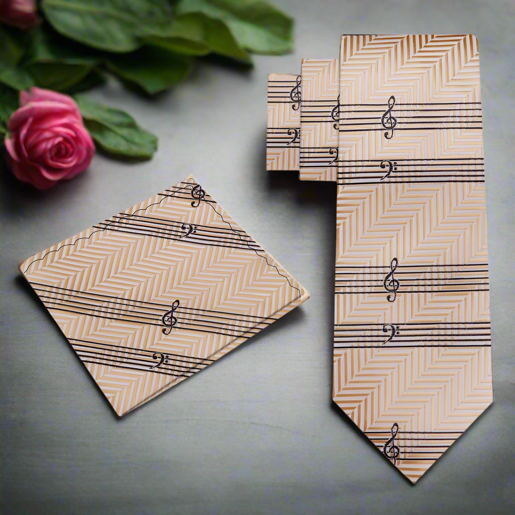 Elegant display of the Melodic Harmony Music Necktie in a stylish tan suit.
