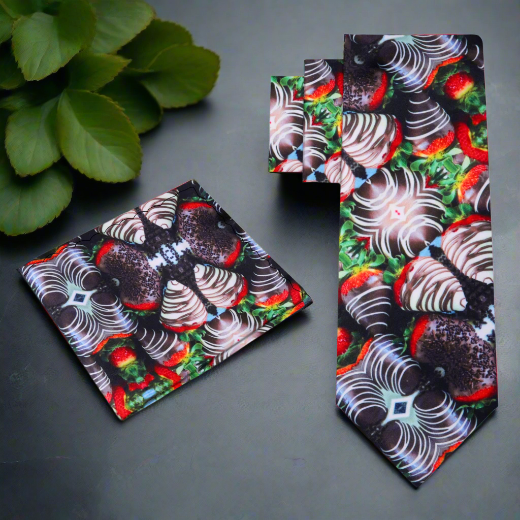 Close-up of the chocolate-covered strawberries pattern on the necktie, showcasing the rich details and silk texture.