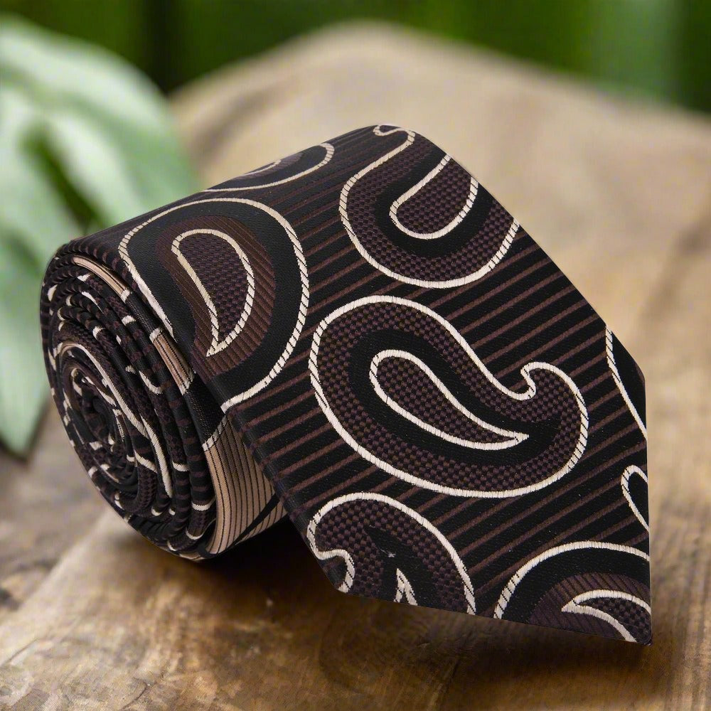 Elegant paisley silk necktie with intricate pattern in violet and gold for weddings