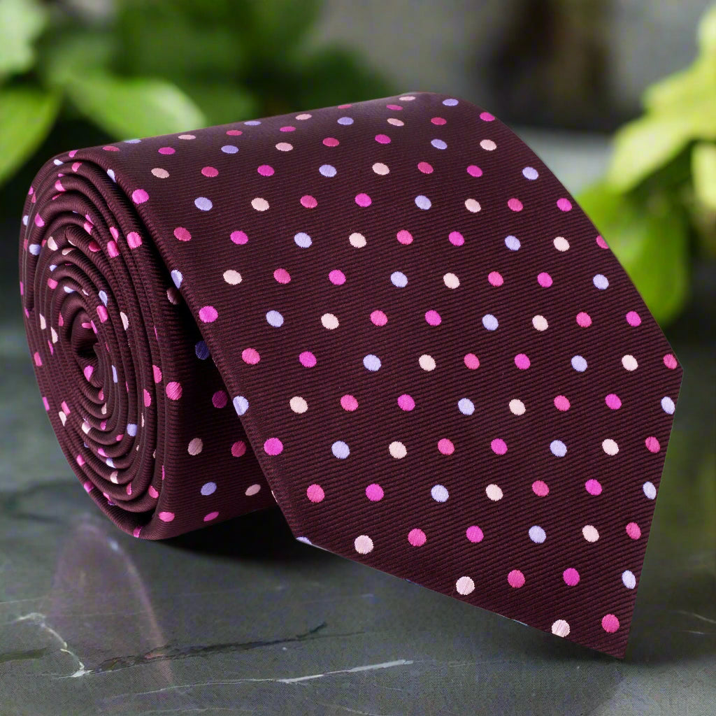 Close-up of the silk tie showcasing its smooth plum fabric and polka dot pattern