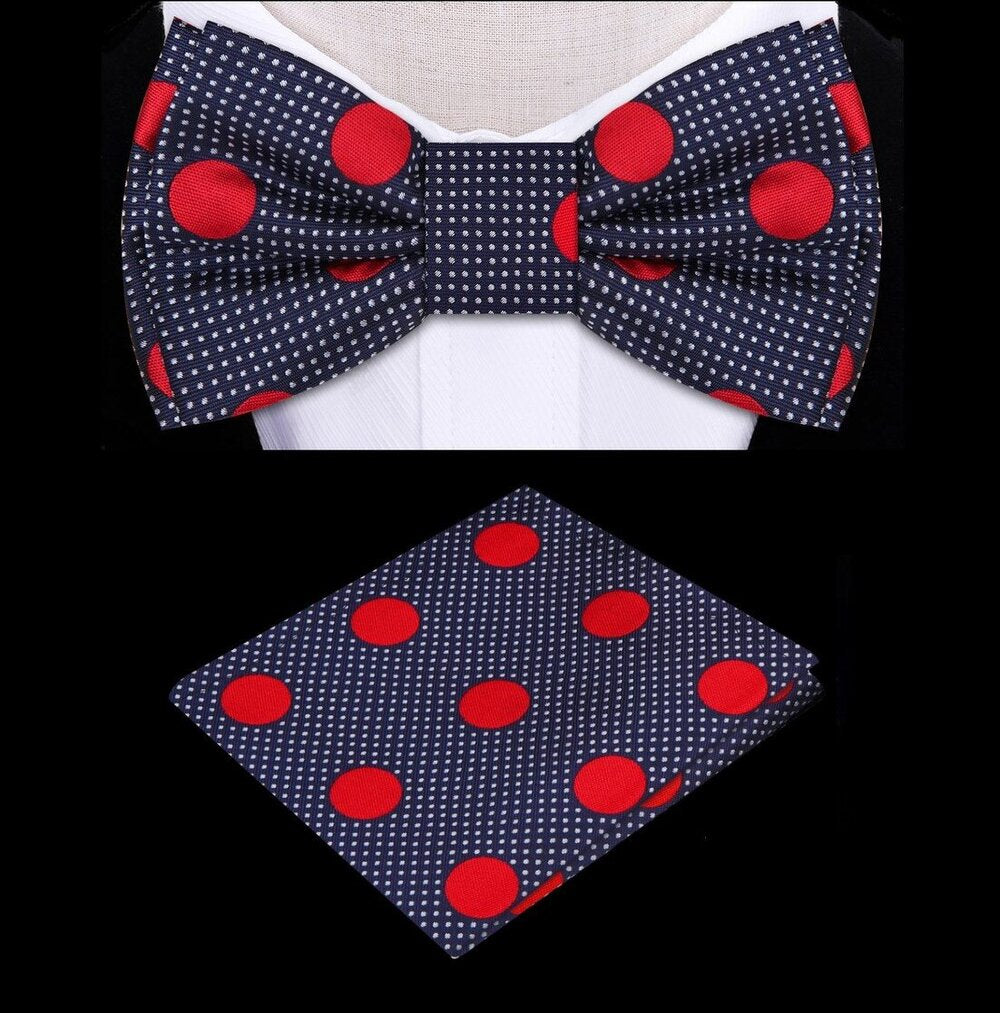 Front angle of kids bow tie and pocket square set showcasing the deep blue fabric with red dots.