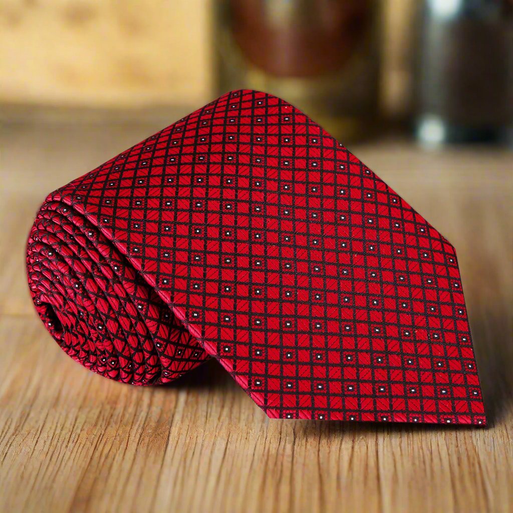 Elegant burgundy silk necktie with geometric pattern laid out flat
