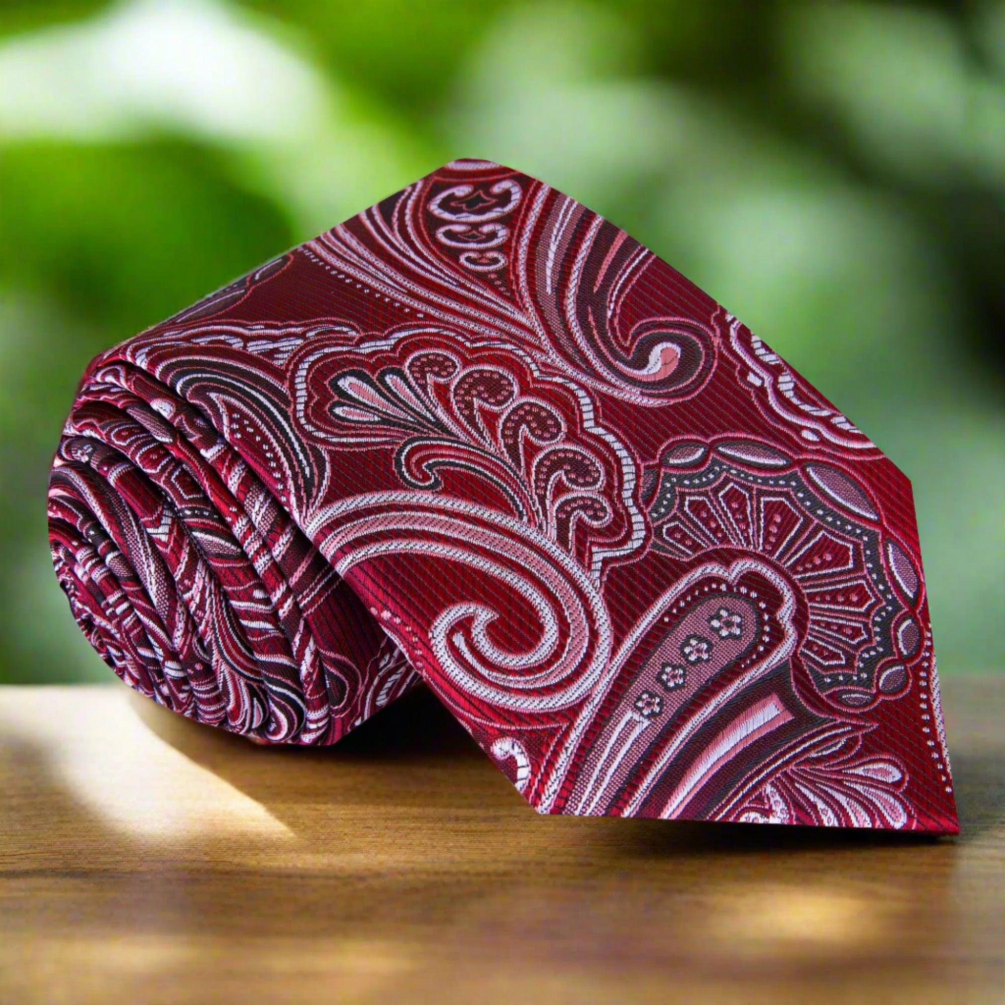 Burgundy paisley silk necktie displayed on a tailored suit, showing intricate patterns.