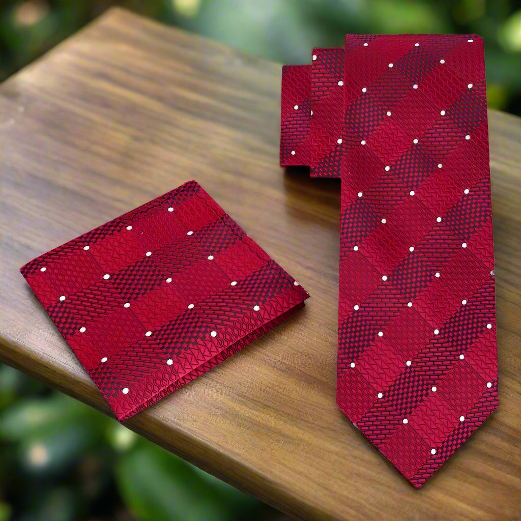 Close-up of the fabric texture and geometric pattern on the silk necktie