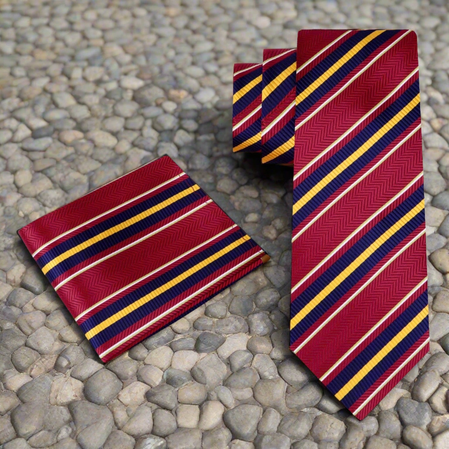 Close-up of red, blue, and white striped silk necktie for formal occasions