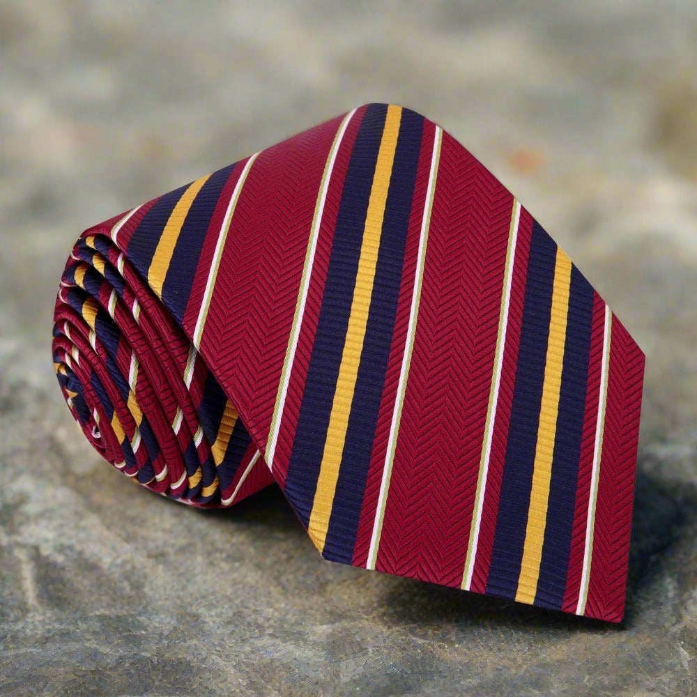 Close-up of red, blue, and white striped silk necktie for formal occasions