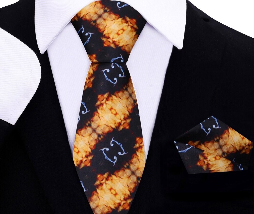 Close-up view of the caramel macchiato silk necktie showcasing its intricate pattern.