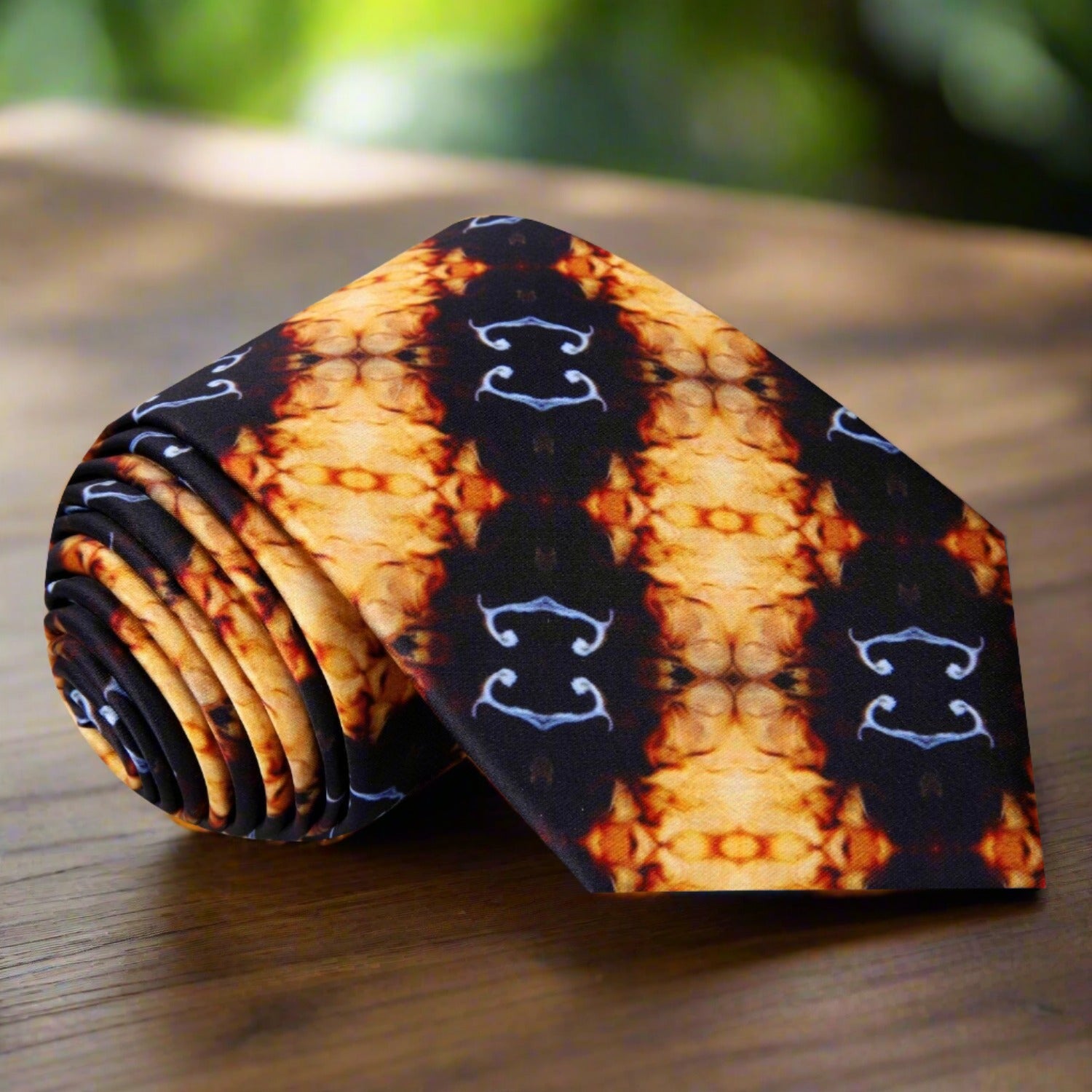 Close-up view of the caramel macchiato silk necktie showcasing its intricate pattern.