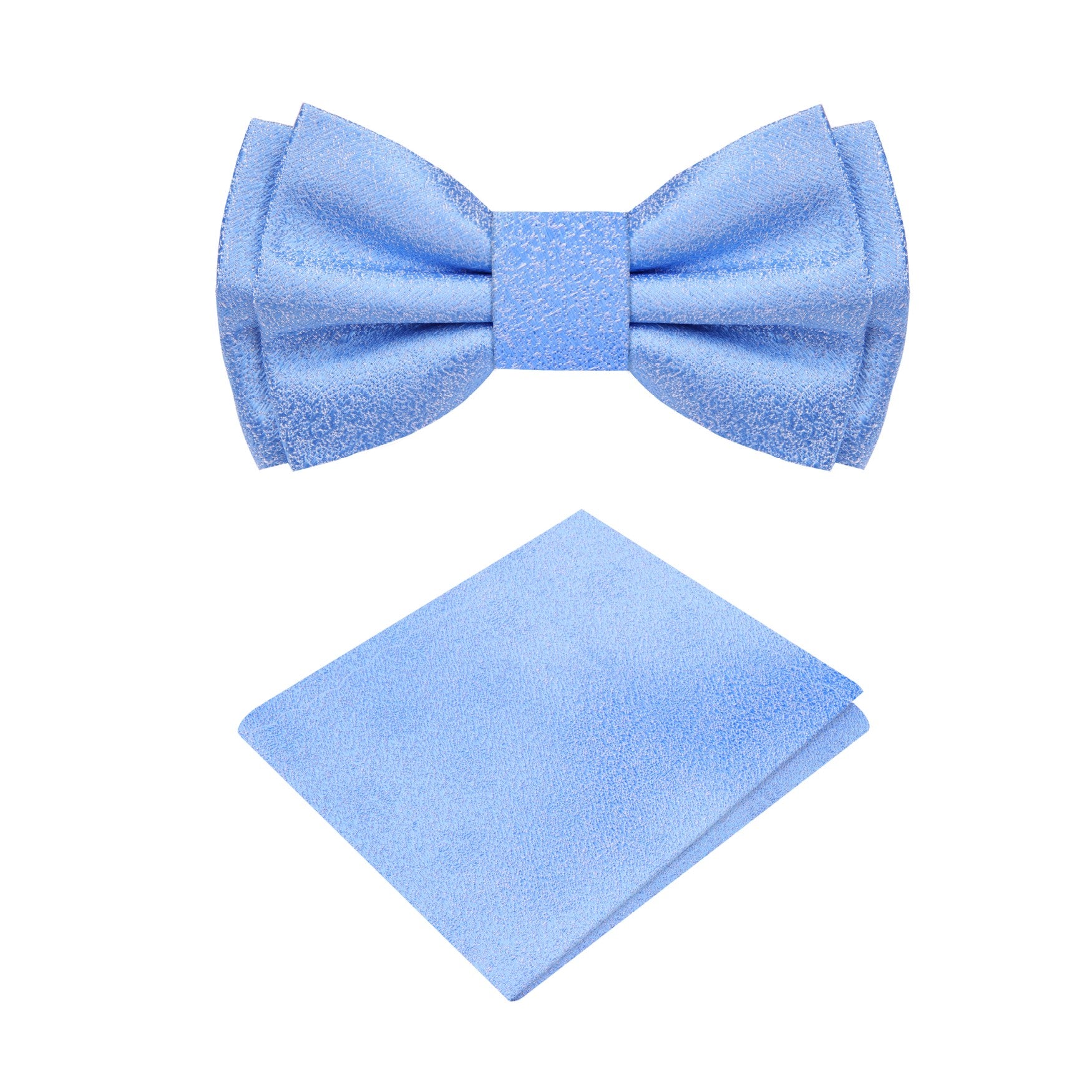 Front view of children's bow tie in Carolina blue with shimmer texture, styled for formal wear
