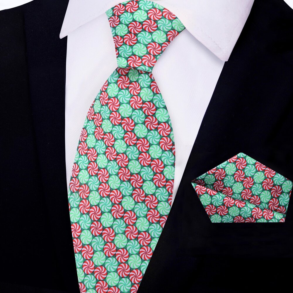 Close-up of the Christmas Candy pattern on the necktie, highlighting its intricate design and silk texture.