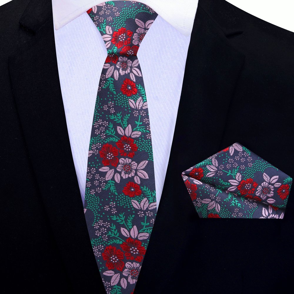 Mens floral silk tie paired with a white dress shirt for formal occasions