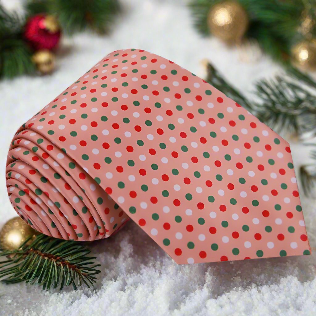 Close-up of a vibrant Christmas polka dot tie in red, green, and orange peach colors