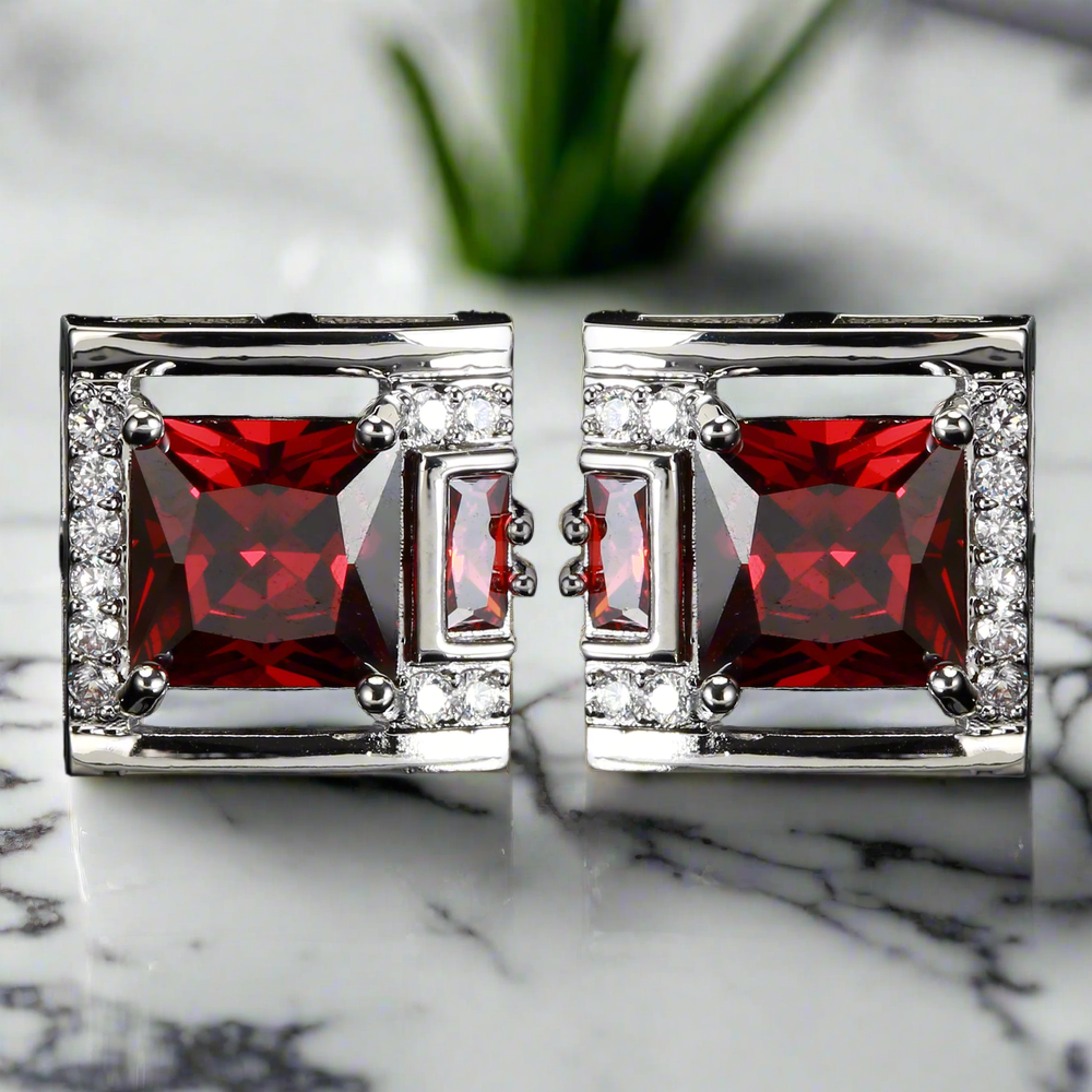 Chrome circle cufflinks with clear stone - ideal for formal occasions.