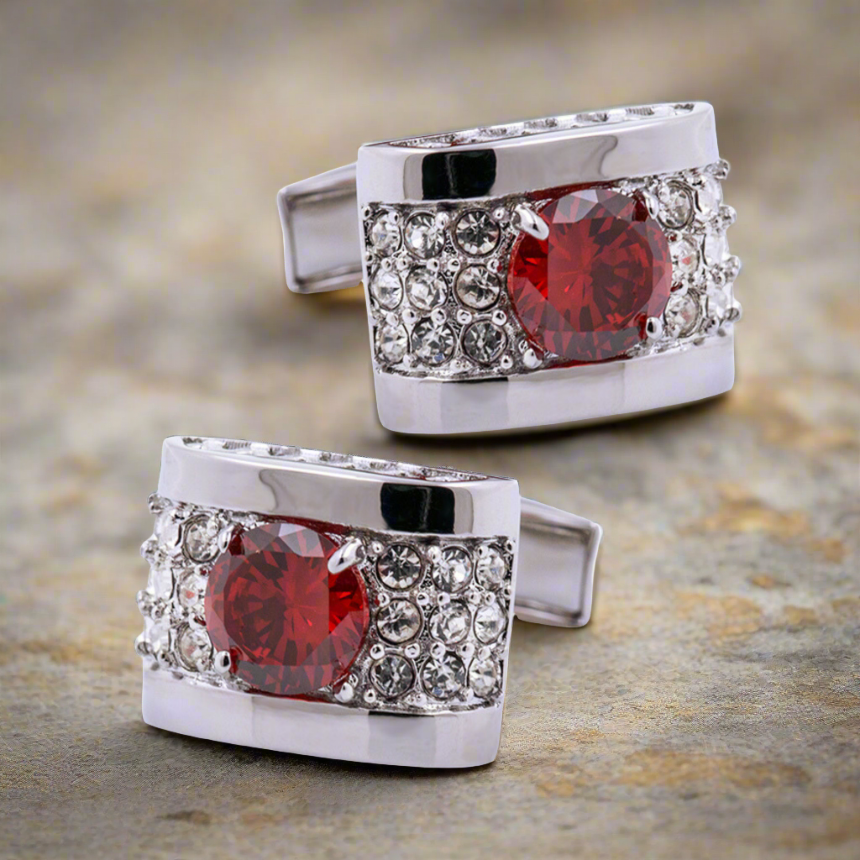 Chrome cufflinks with clear stones, perfect for formal wear.