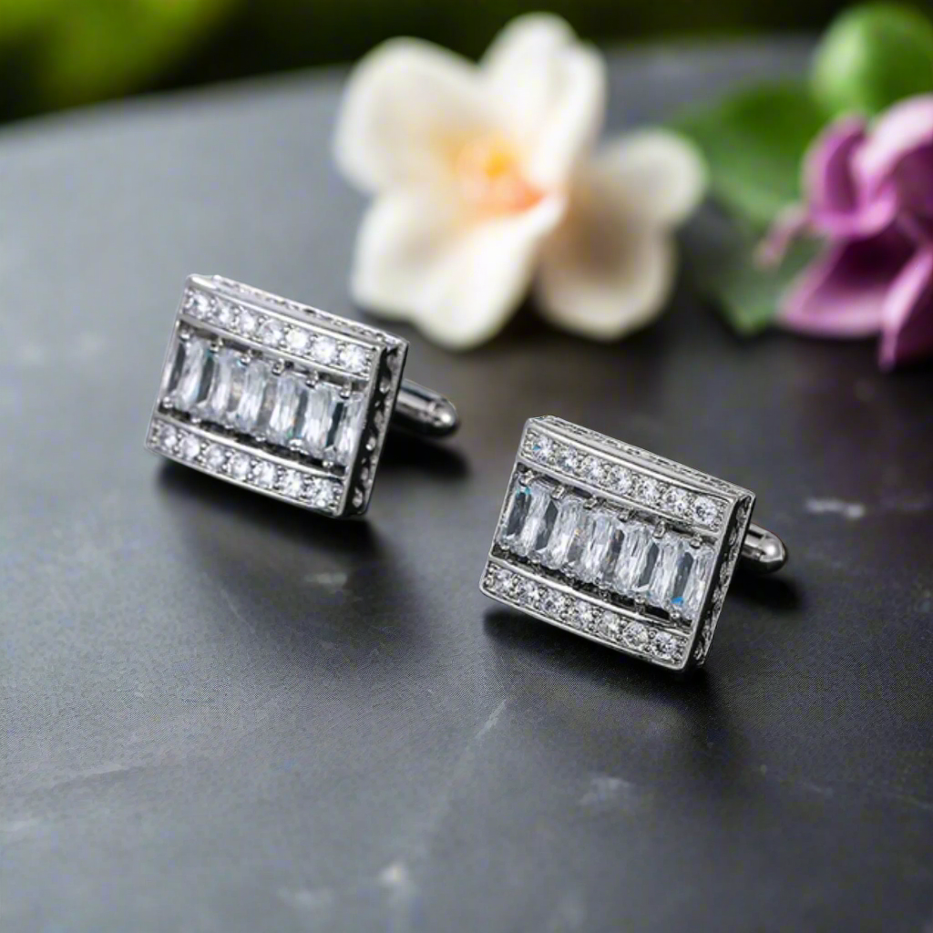 Silver rectangular cufflinks with clear stones for men's formal wear