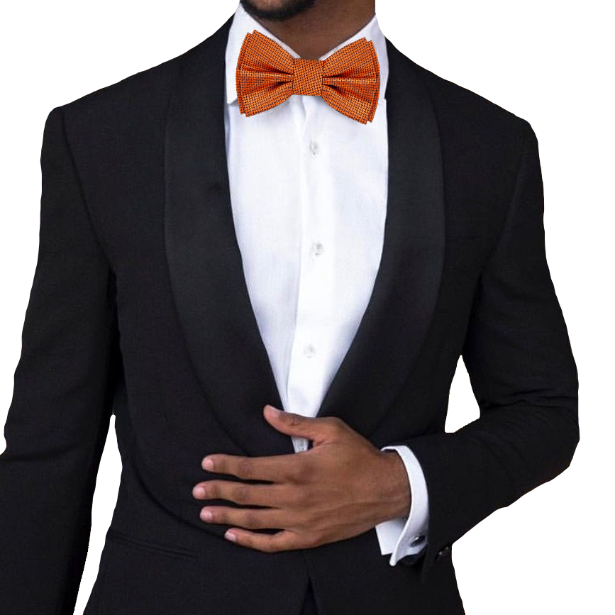Cider Canyon Elegance Bow Tie alongside a matching pocket square on a tailored suit, perfect for formal occasions.