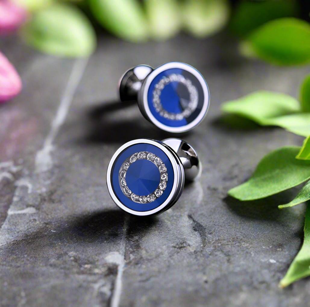 Close-up of Spectrum Circles multi-color cufflinks showing the smooth enamel finish and vibrant colors
