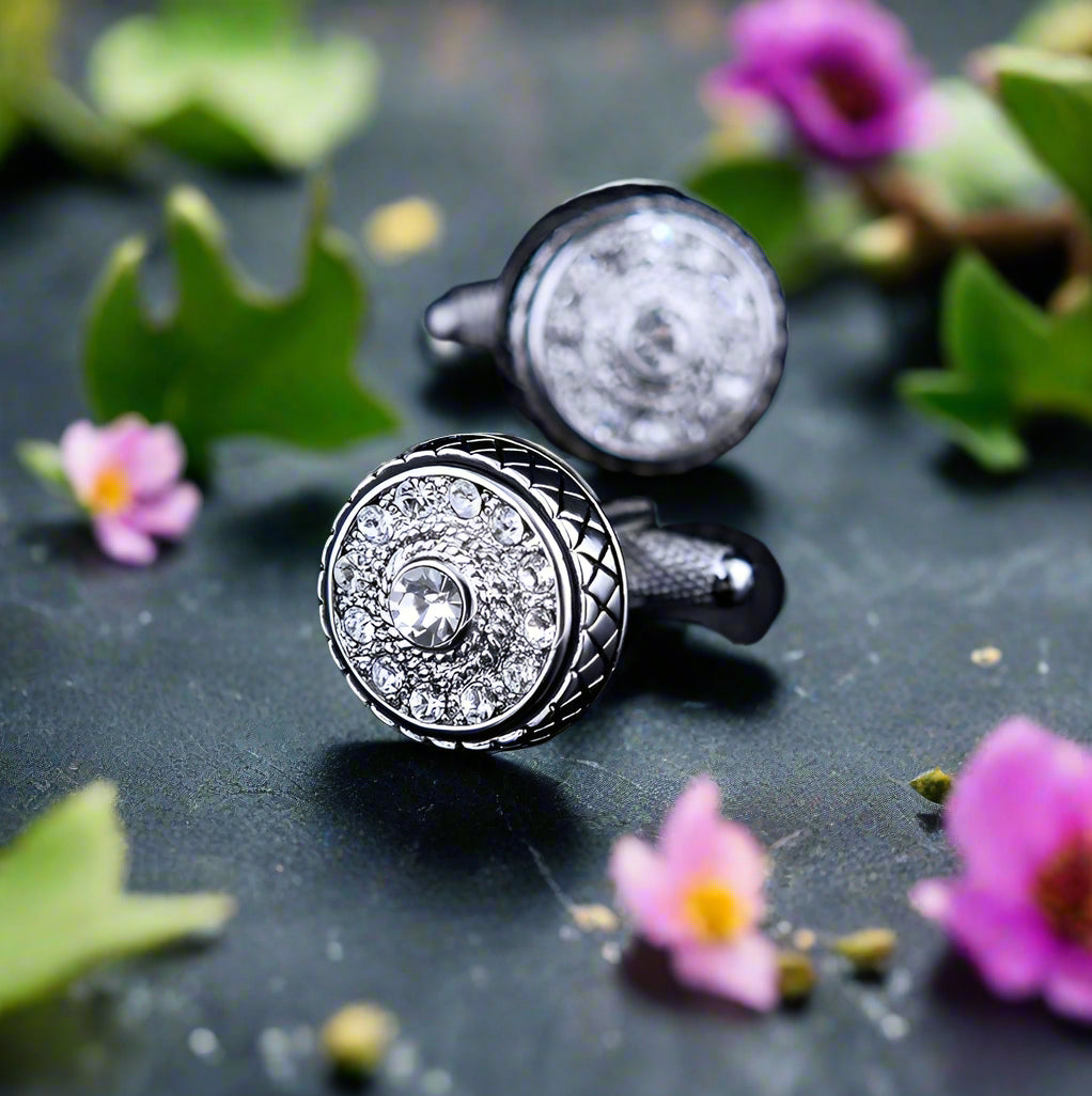 Mens dress cufflinks featuring clear gemstones and zinc alloy material