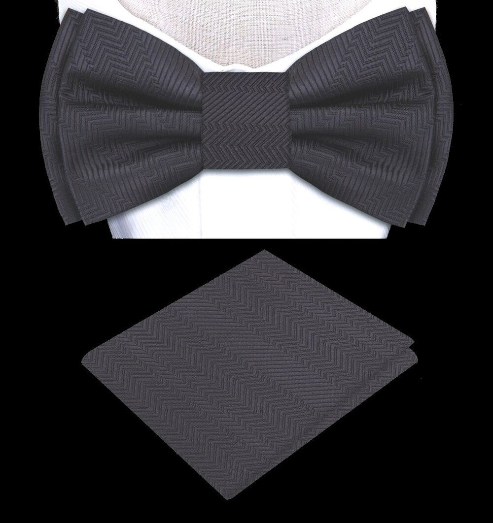Close-up of kids graphite shadow bow tie and matching pocket square on a child