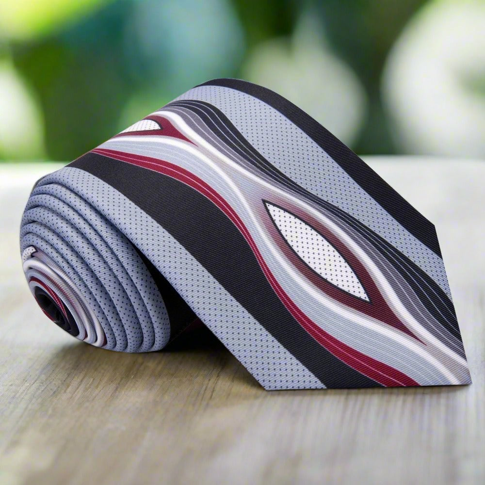 Front view of the Contemporary Abstract Silk Necktie showcasing its unique pattern and vibrant colors.