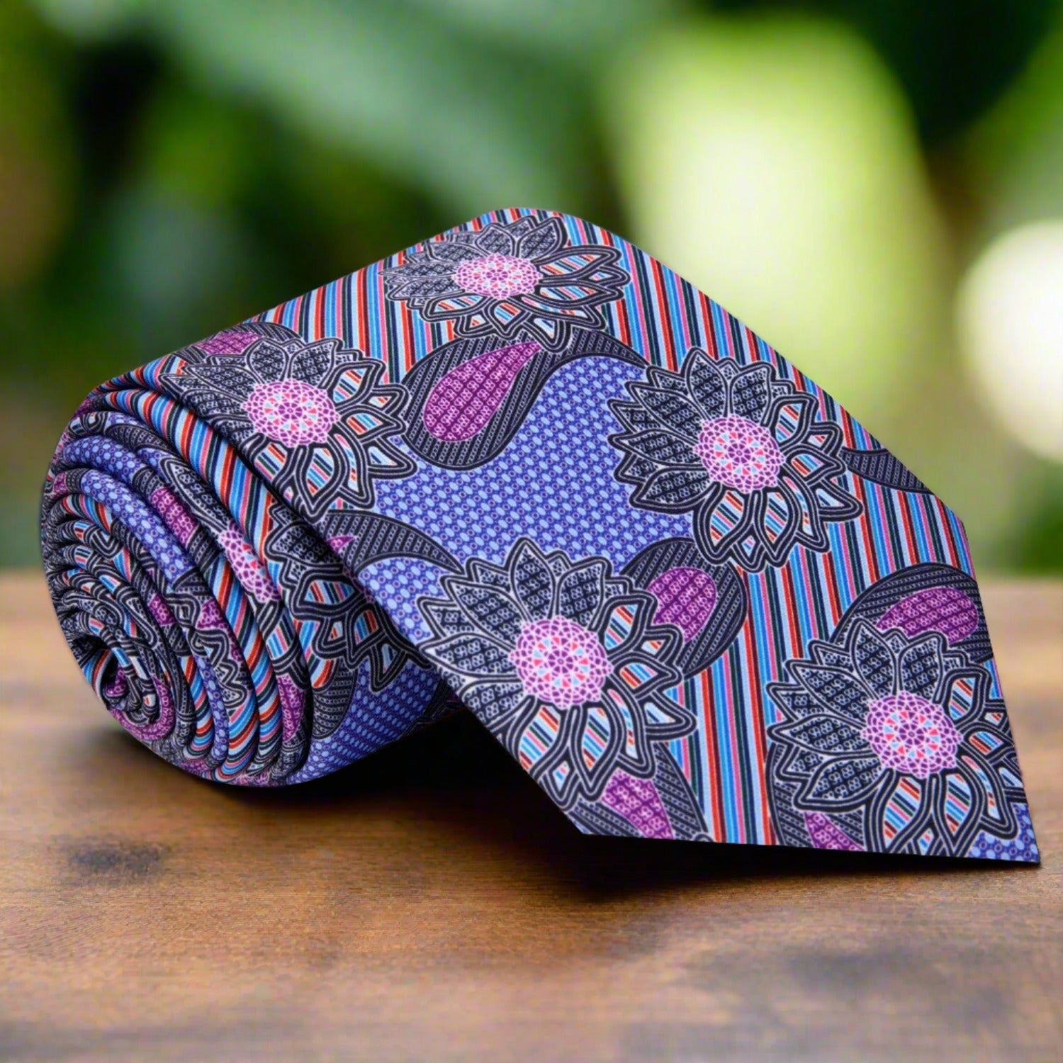 Close-up of a silk necktie with blue and purple stripe and paisley pattern, ideal for formal occasions
