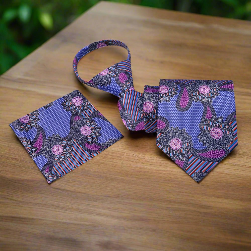 Styled silk tie paired with a white dress shirt and navy suit for a wedding