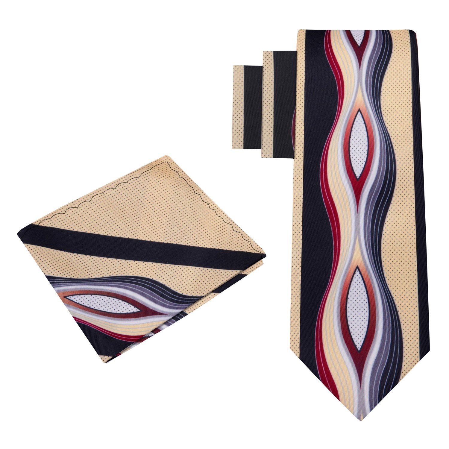 Worn by a model, the necktie adds a modern touch to a classic black suit in a business setting.
