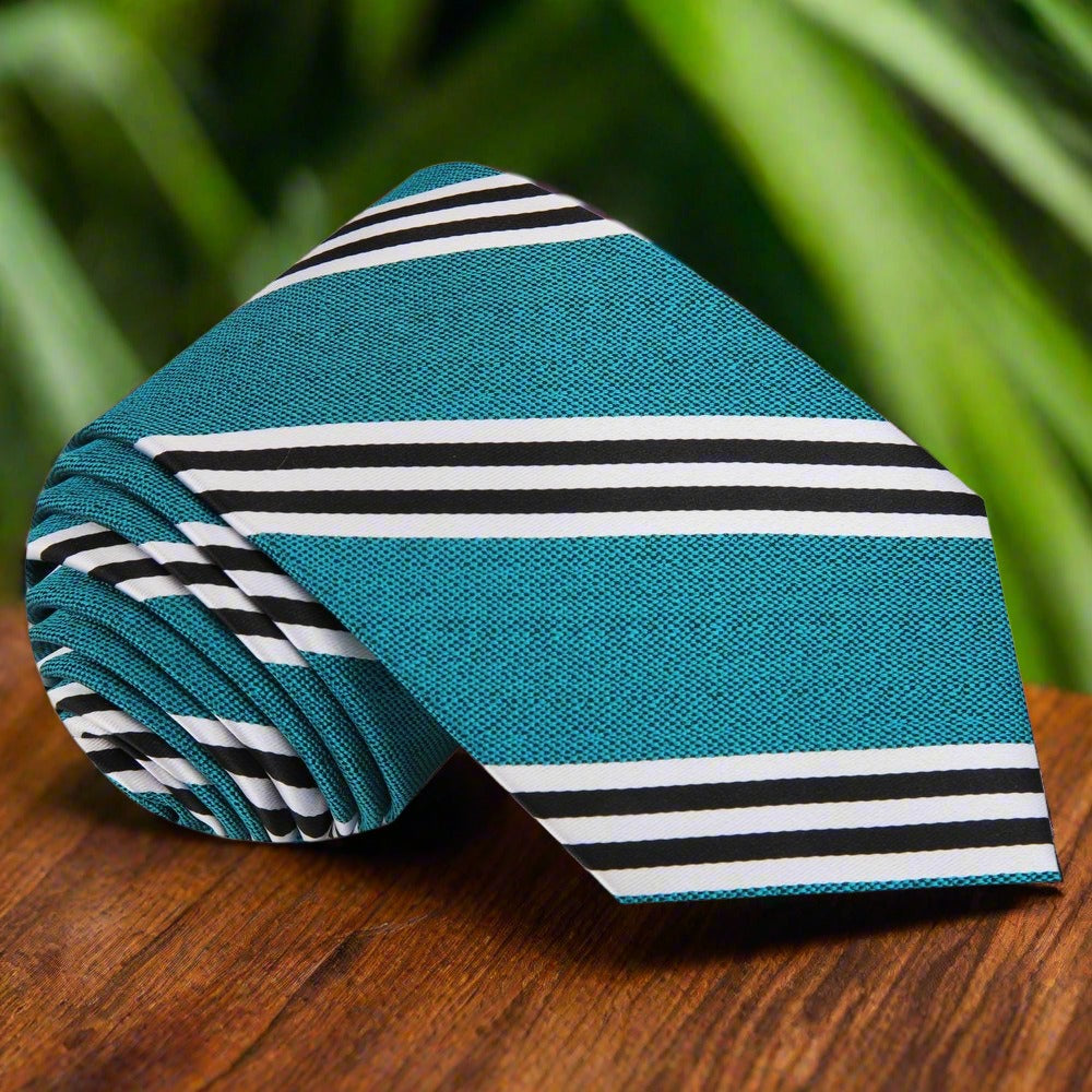 Model wearing the vibrant green necktie paired with a white shirt
