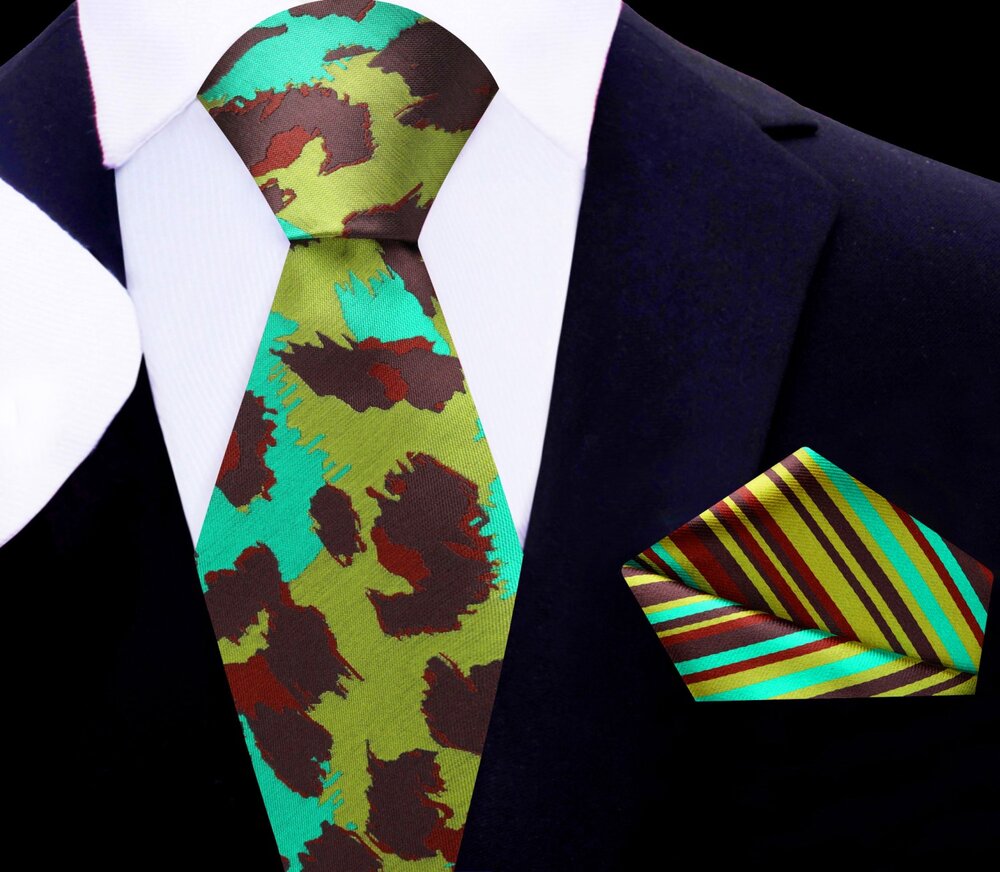 Close-up of the cheetah print pattern on the silk tie, highlighting the luxurious texture and colors.