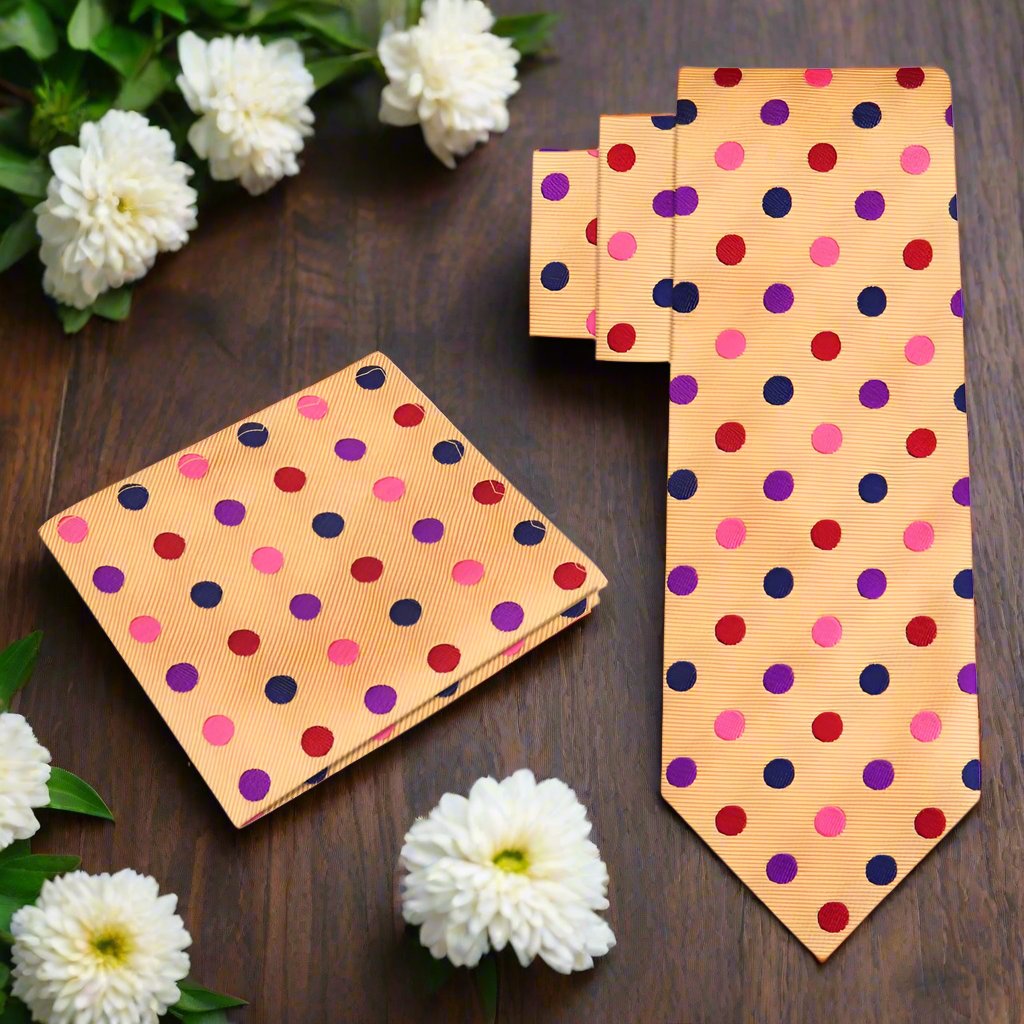 Close-up of the elegant polka dot silk necktie, showcasing the vibrant multi-color pattern for formal events.
