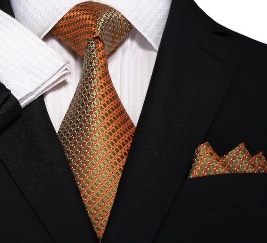 Copper Orange Elegance Necktie with small green checks, showcased against a white dress shirt.