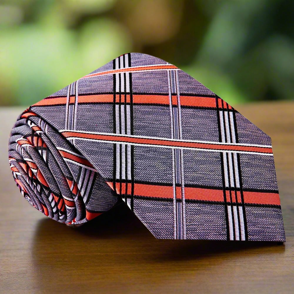 Elegant Grey and Lavender Silk Plaid Necktie displayed on a white background.