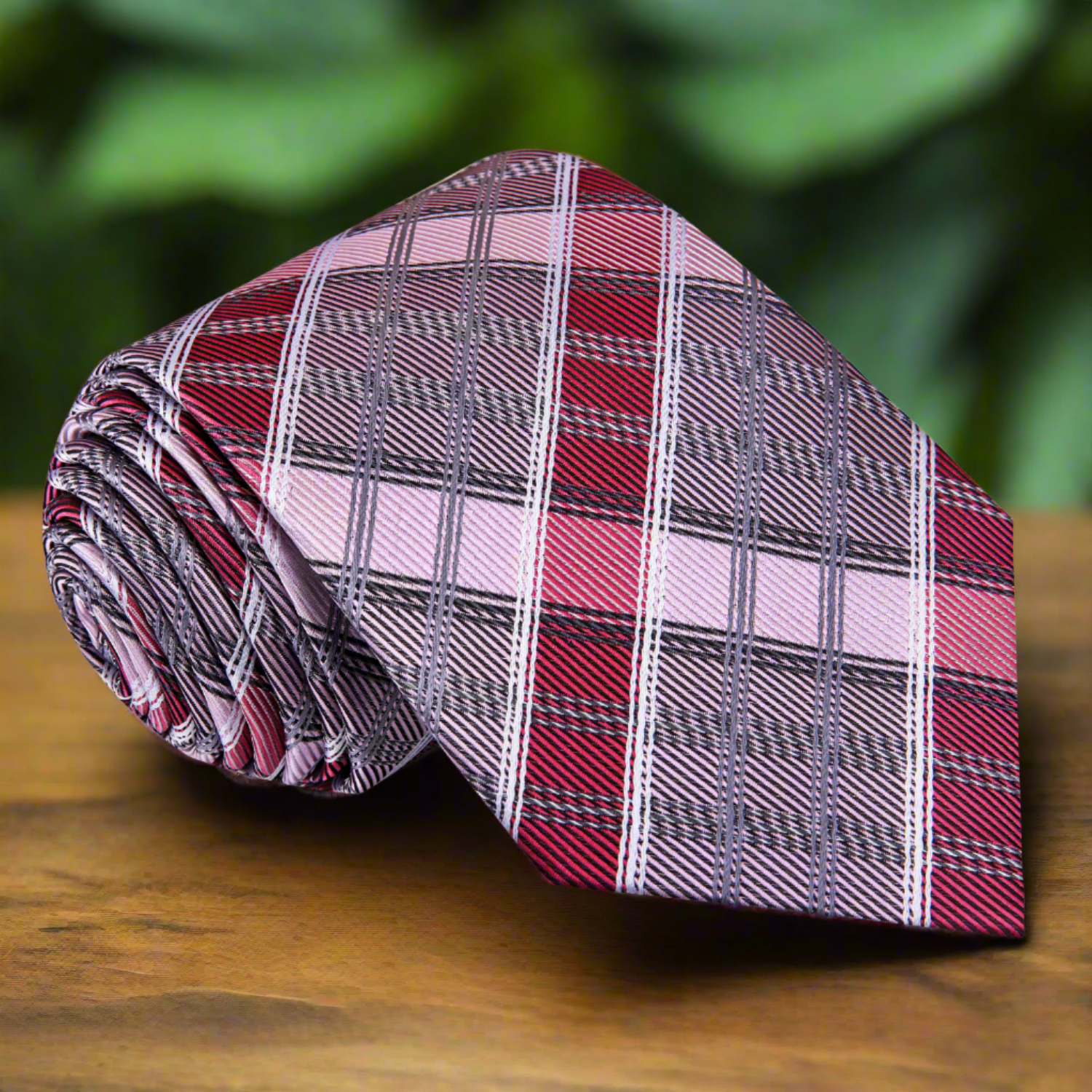 Close-up of Crimson Matrix plaid silk necktie showcasing detailed pattern