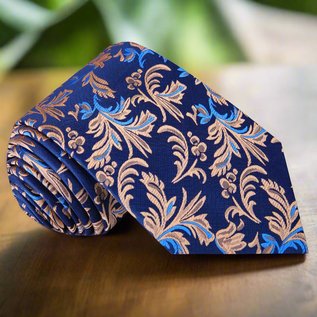 Elegant blue and brown floral silk necktie for weddings and business attire