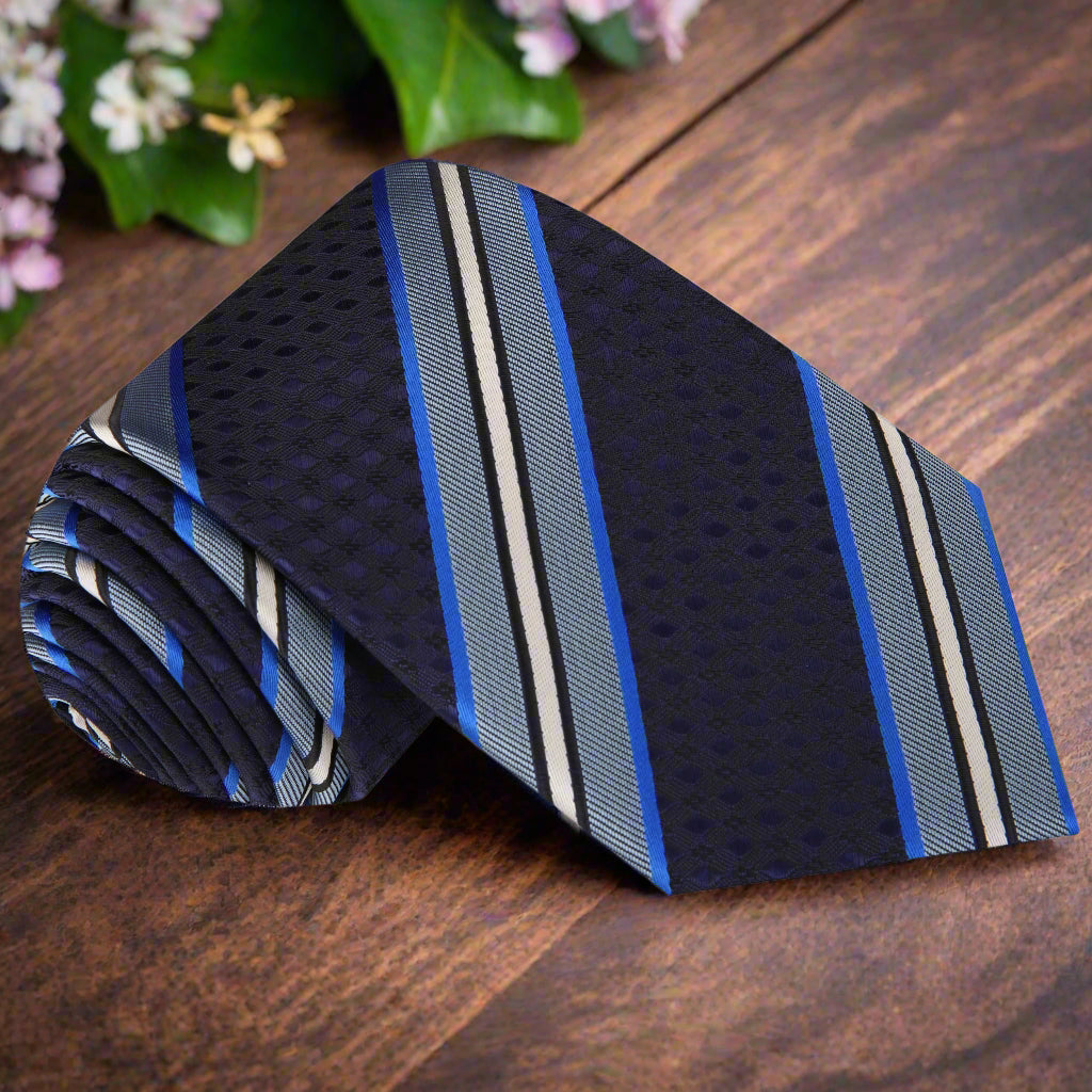 Elegant stripe silk tie showcasing black, blue, and white stripes, perfect for formal events.