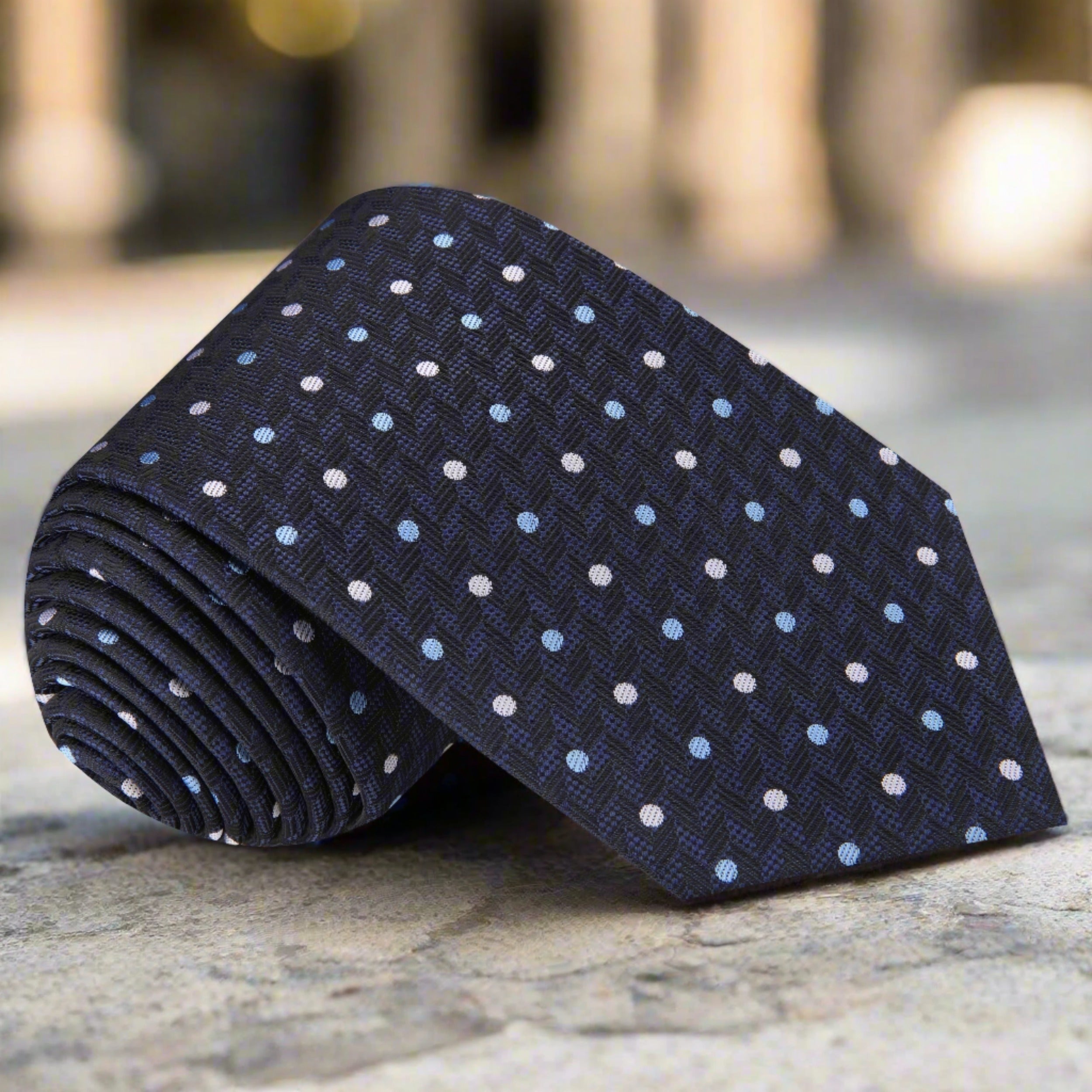 Elegant deep blue silk necktie showcasing herringbone design, ideal for weddings and formal occasions.