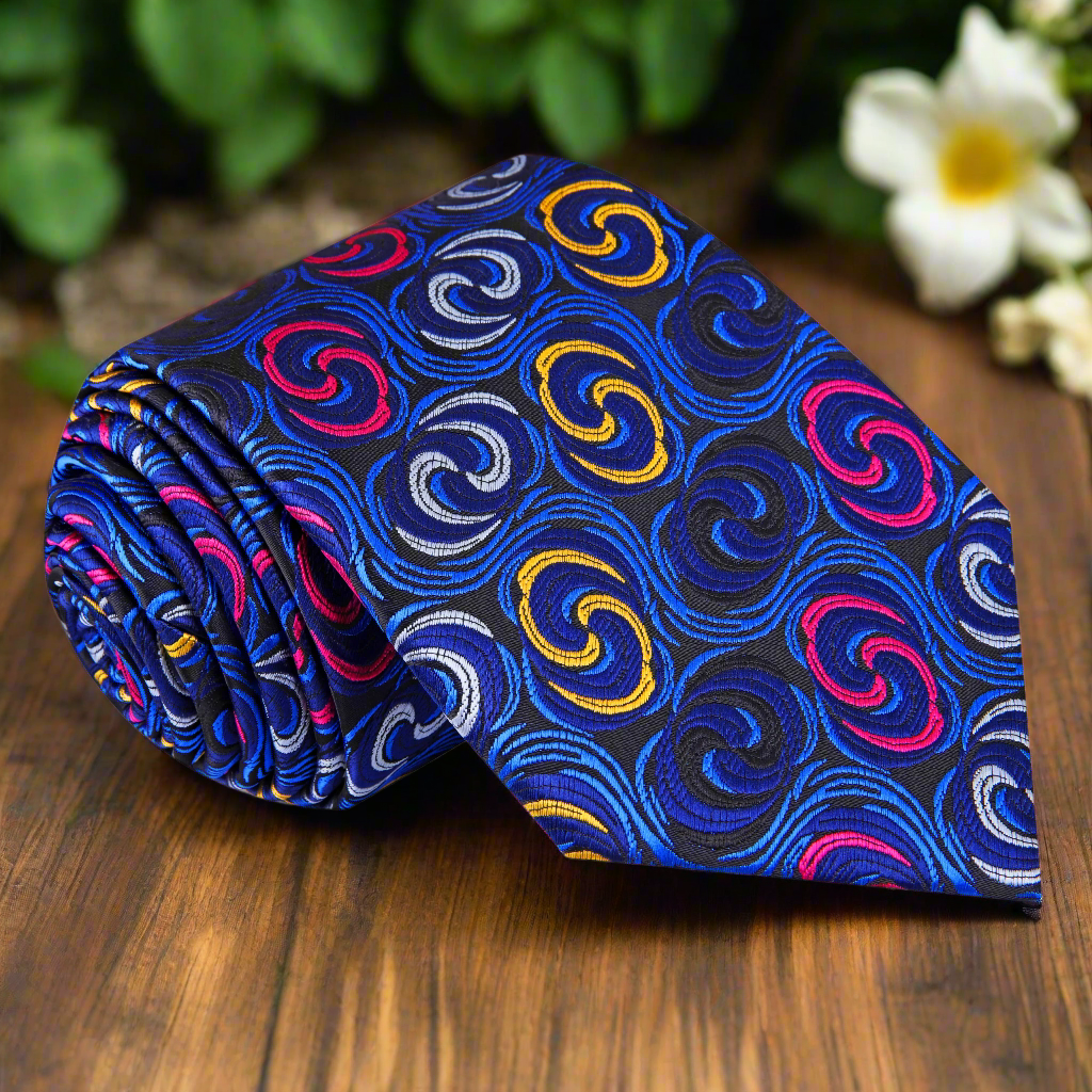 Elegant brown silk necktie showcasing the swirl pattern, ideal for weddings and formal occasions.
