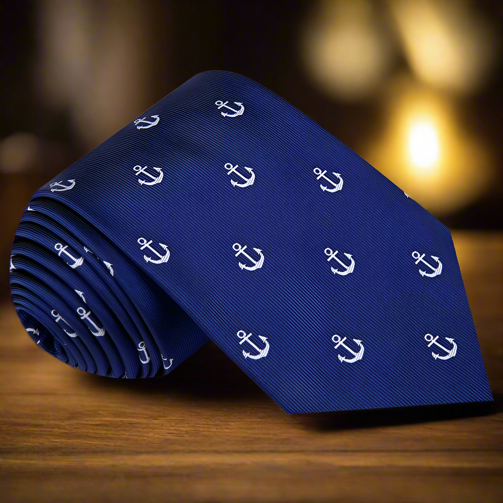 Nautical anchor necktie in blue and grey displayed on a mannequin for business casual style