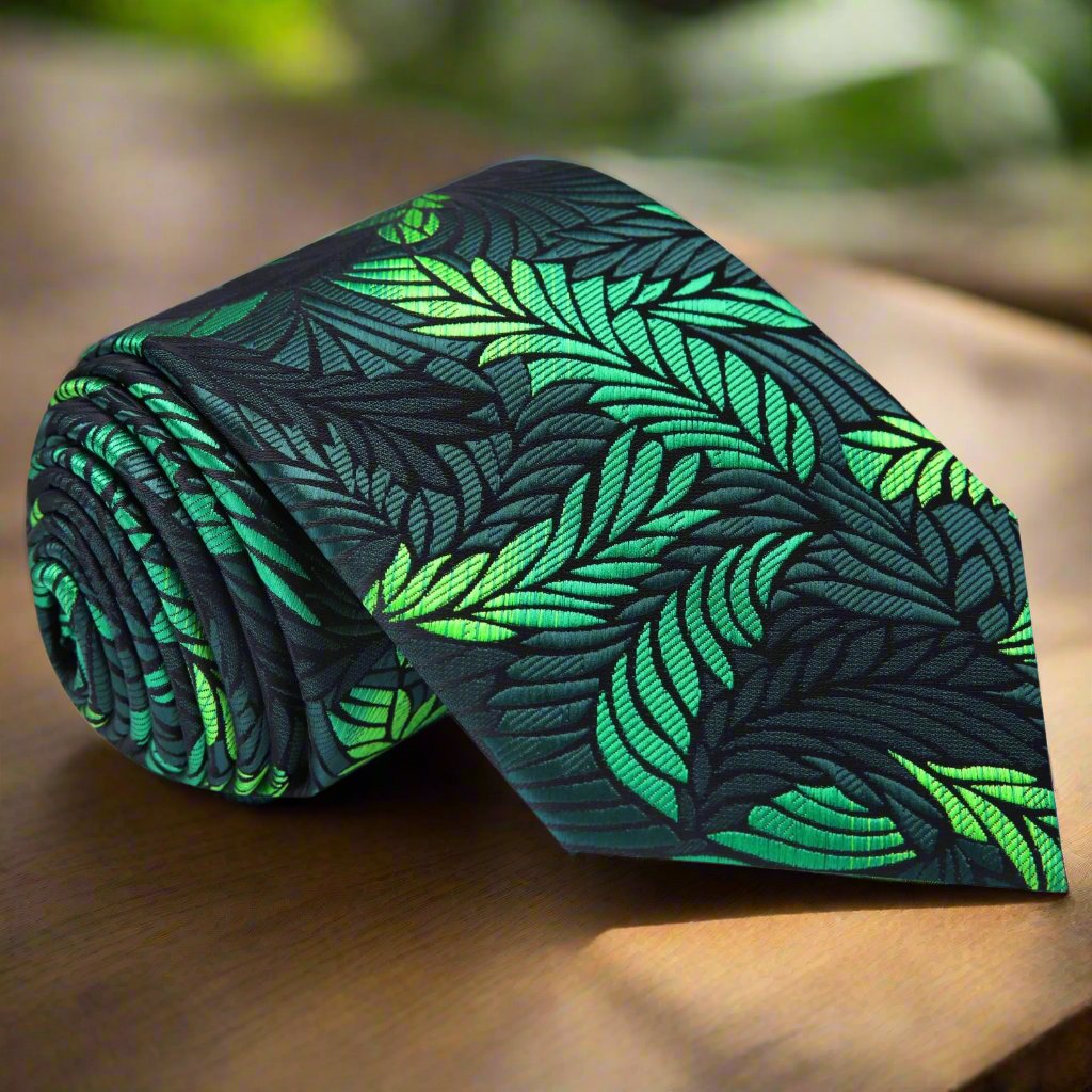Elegant green feather patterned silk necktie styled with a navy suit for formal events