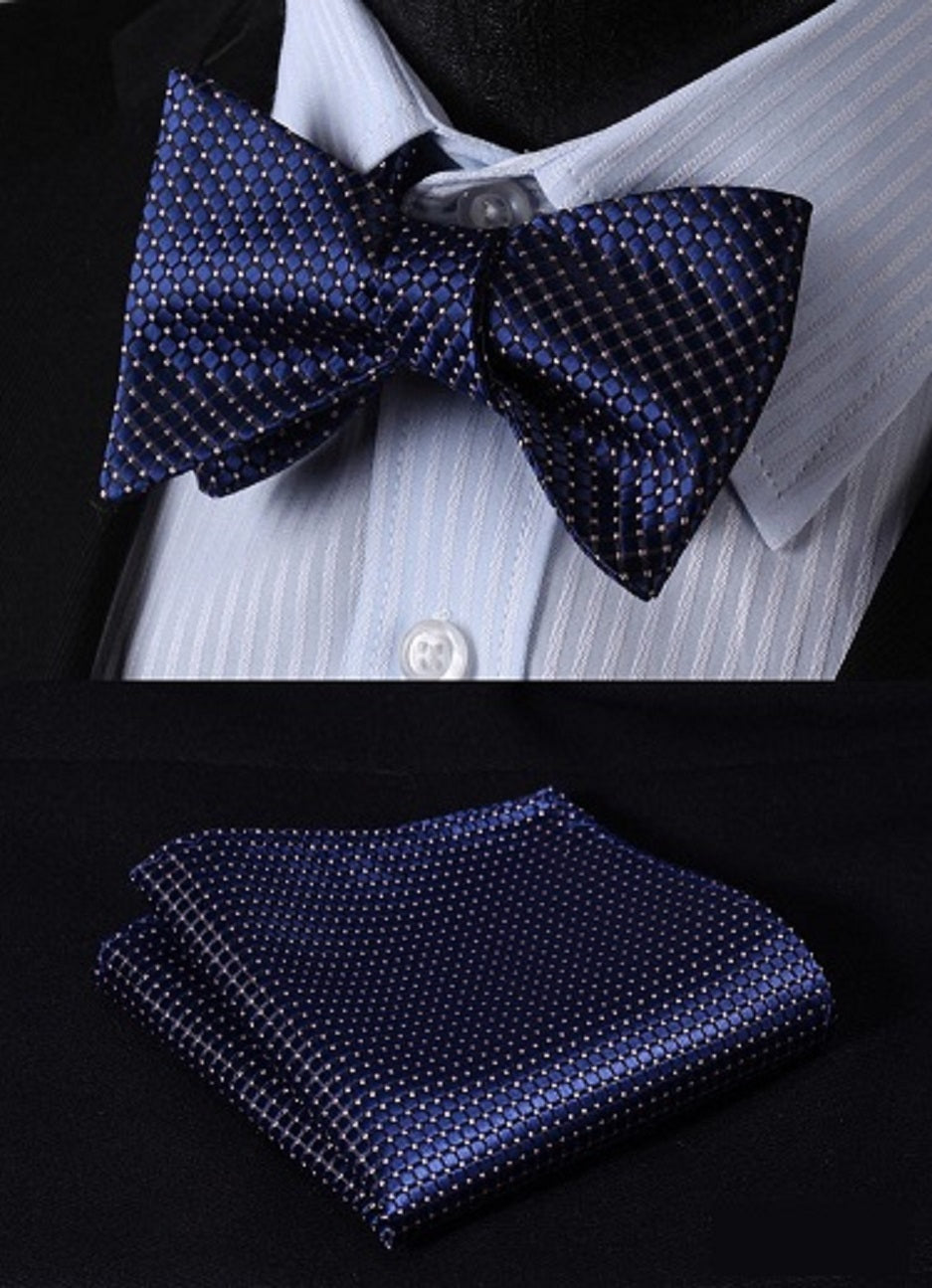 Elegant silk bow tie with small check pattern in gold and blue dots, ideal for weddings