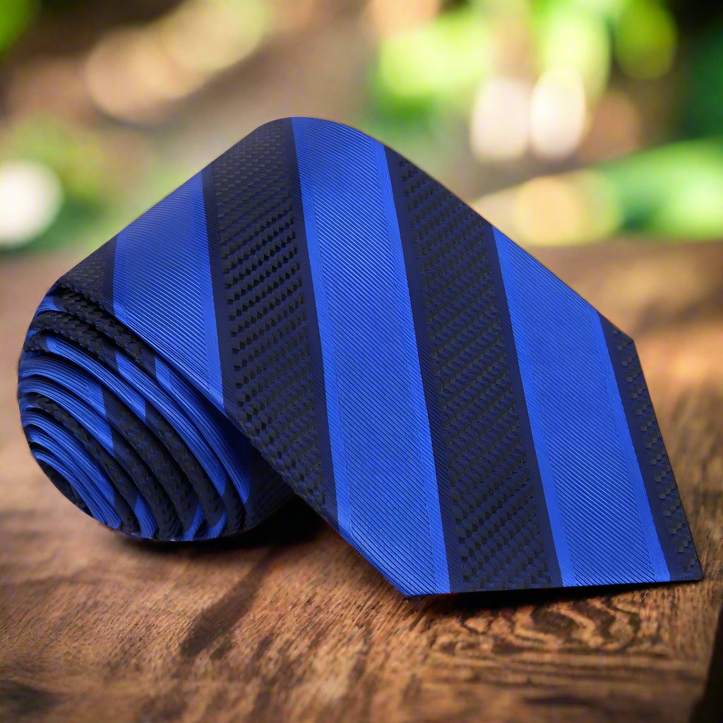 Close-up of classic blue striped silk necktie set on a dark background, showcasing its luxurious texture.