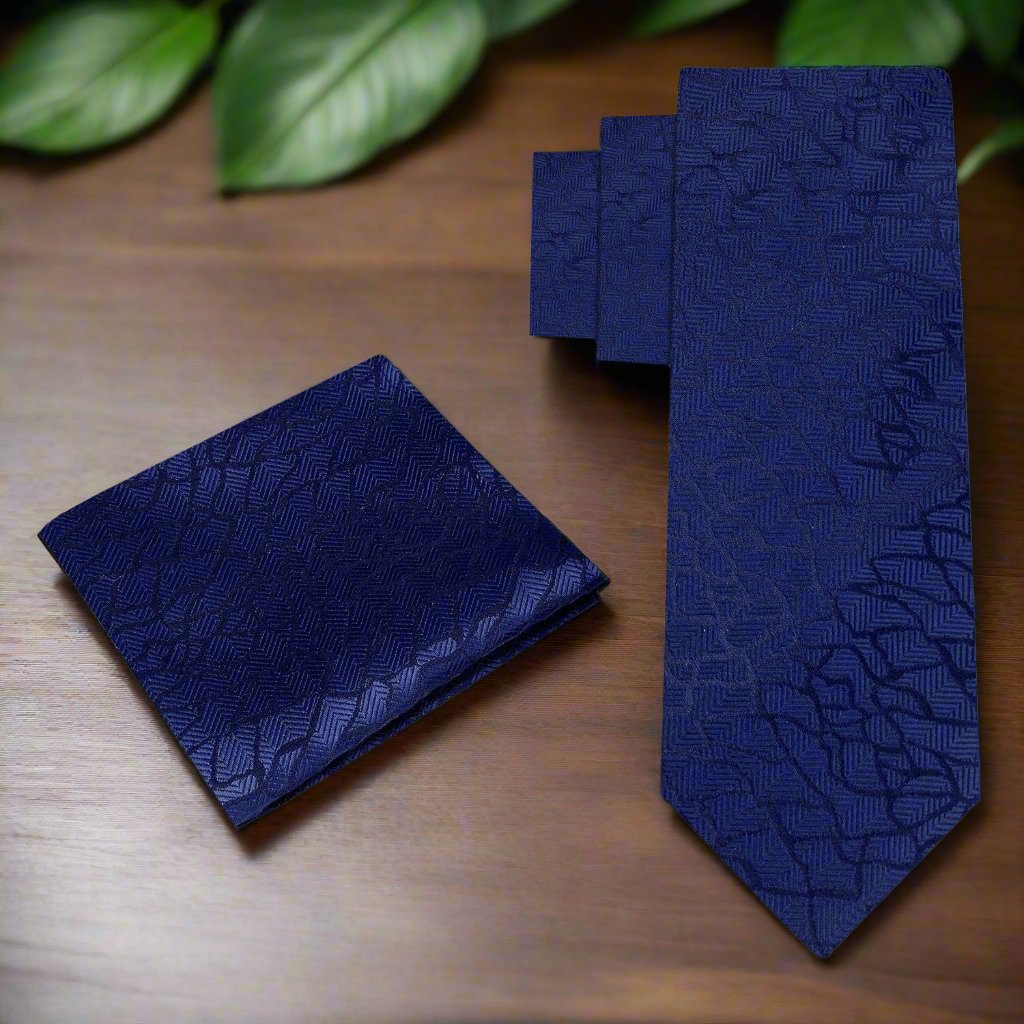 Silk tie with cracked cement pattern in dark blue and black, stylish mens accessory